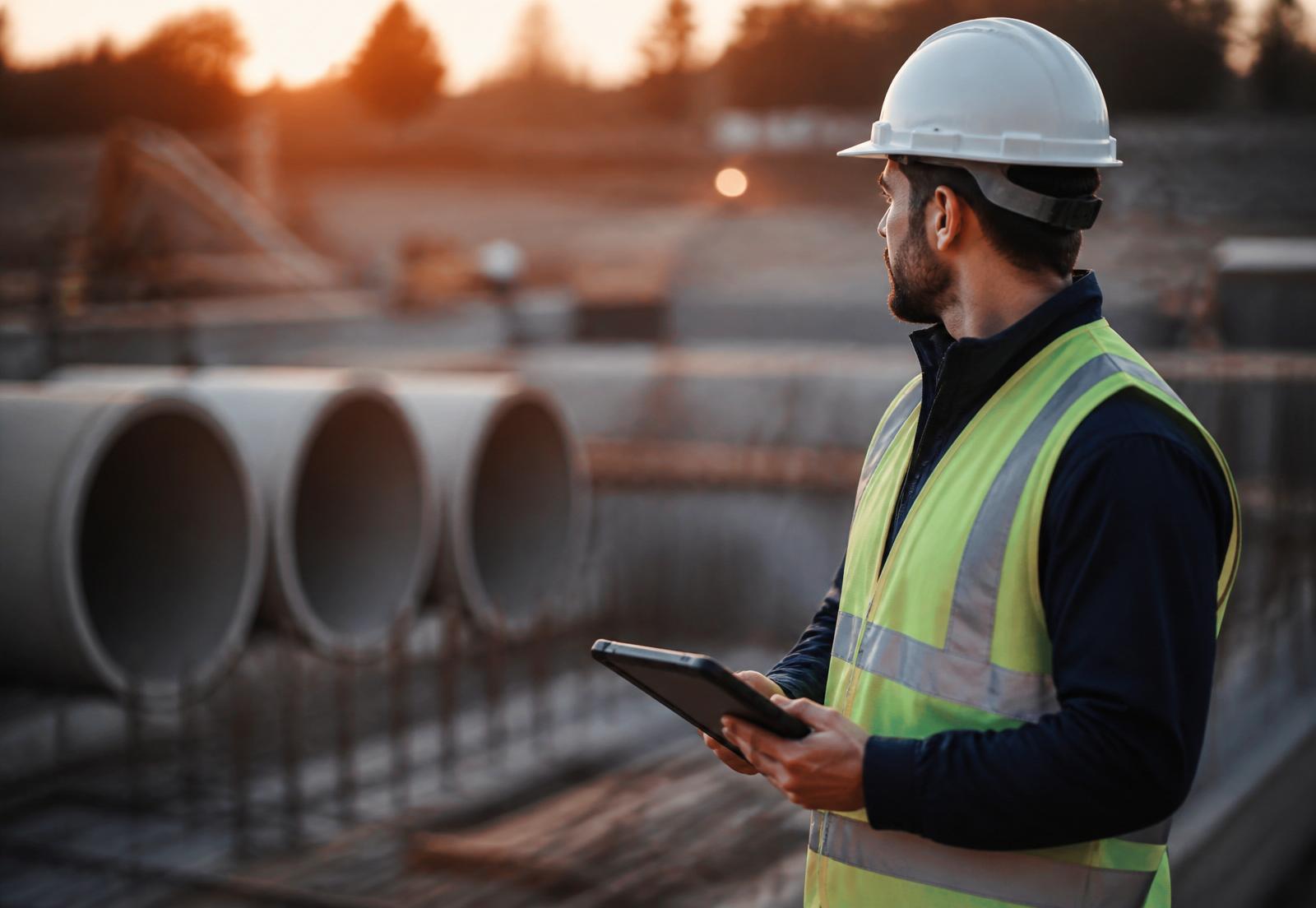 Civil engineer with tablet inspecting drainage site at golden hour